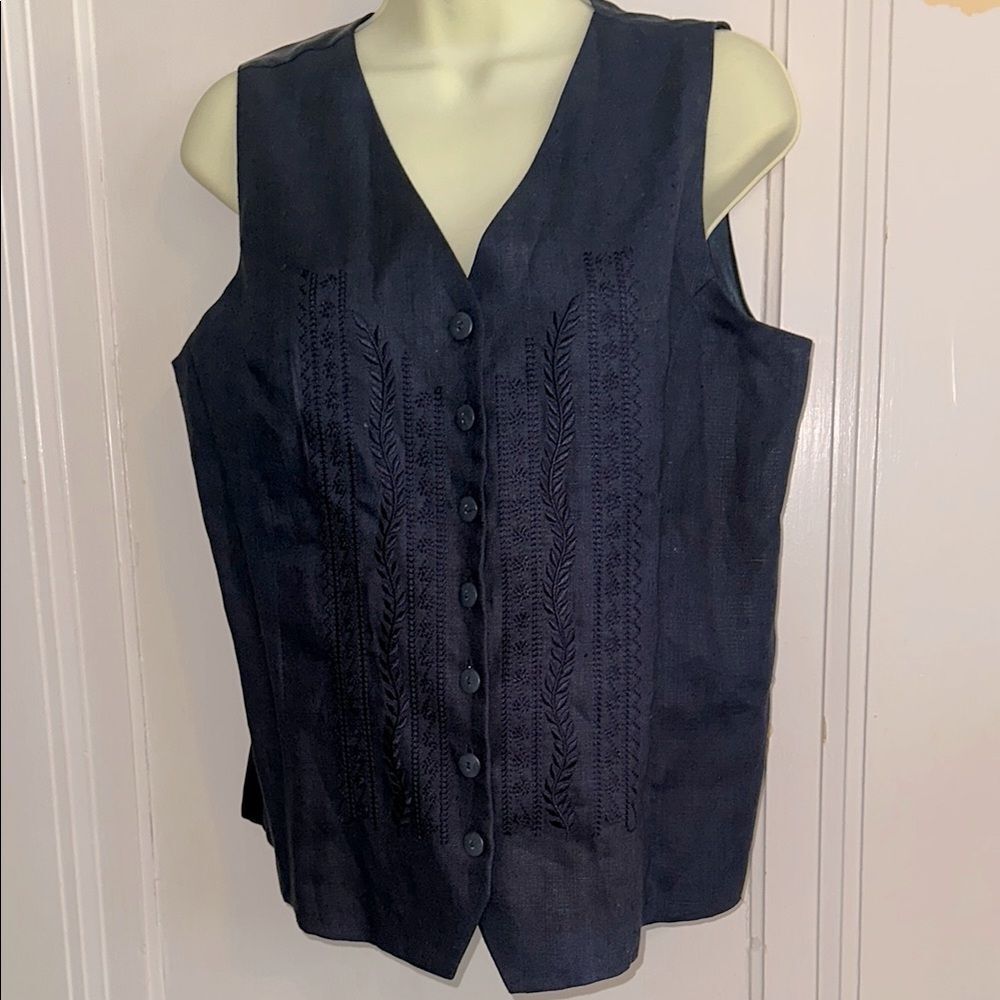 Vintage Bridgewater Classics Dark Navy Blue Embroidered Linen Vest